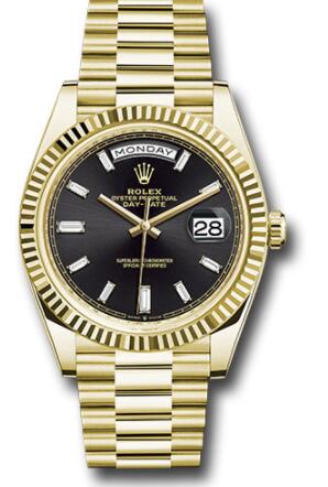 Replica Rolex Yellow Gold Day-Date 40 Watch 228238 Fluted Bezel Black Baguette Diamond Dial President Bracelet